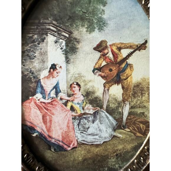 Vintage Antique set of Metal Oval Italian Brass Ornate Mini Silk Pictures Frames - Picture 10 of 16